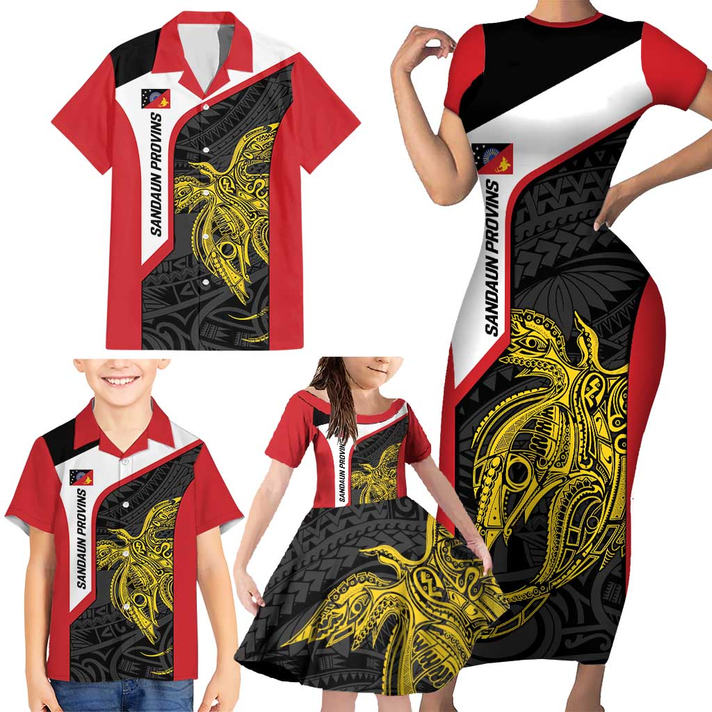 Personalised PNG Sandaun Province Family Matching Short Sleeve Bodycon Dress and Hawaiian Shirt Bird of Paradise Tattoo Flag Motif - Polynesian Pride