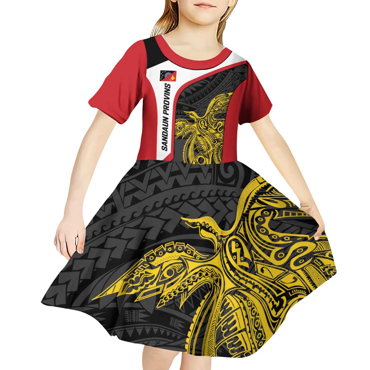 Personalised PNG Sandaun Province Kid Short Sleeve Dress Bird of Paradise Tattoo Flag Motif - Polynesian Pride