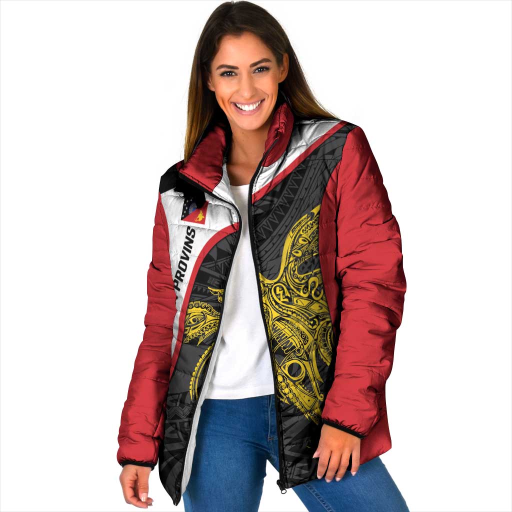 Personalised PNG Sandaun Province Padded Jacket Bird of Paradise Tattoo Flag Motif LT9 Women Red - Polynesian Pride