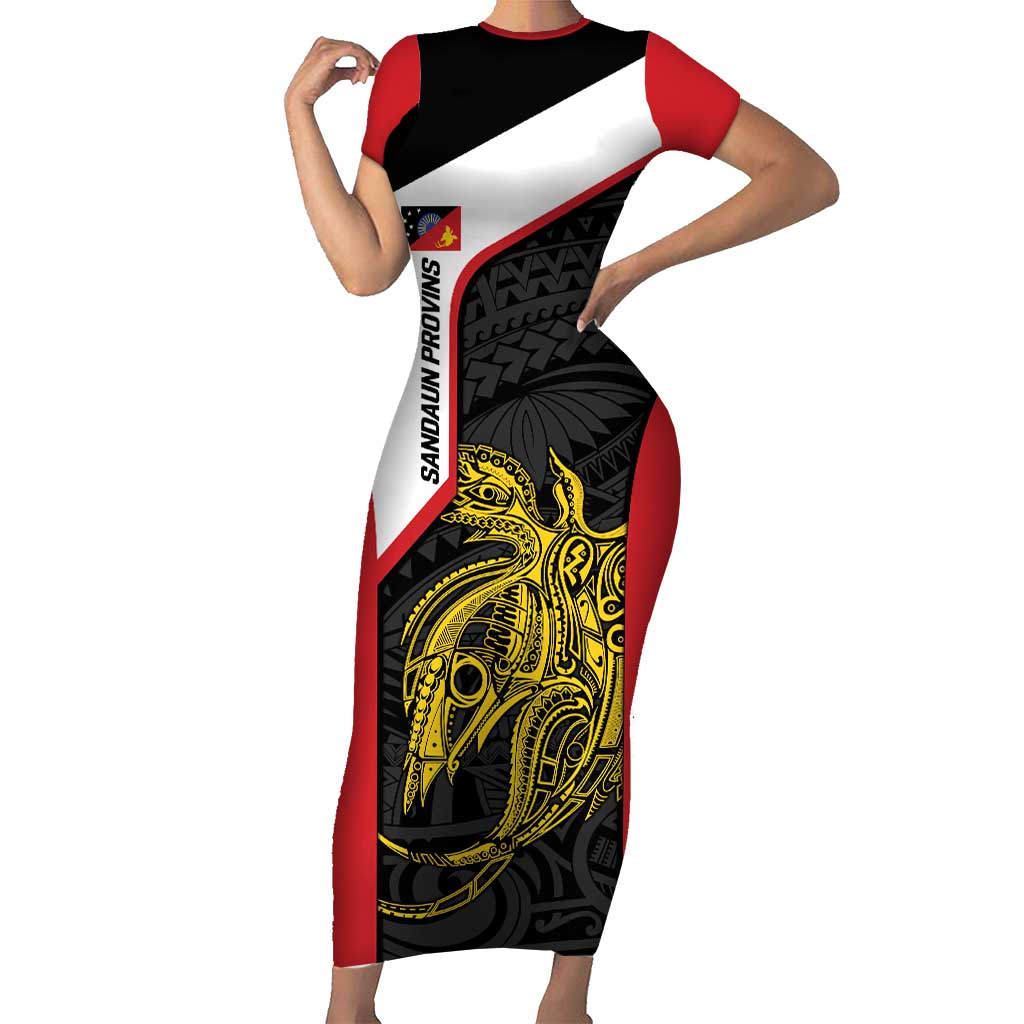 Personalised PNG Sandaun Province Short Sleeve Bodycon Dress Bird of Paradise Tattoo Flag Motif - Polynesian Pride