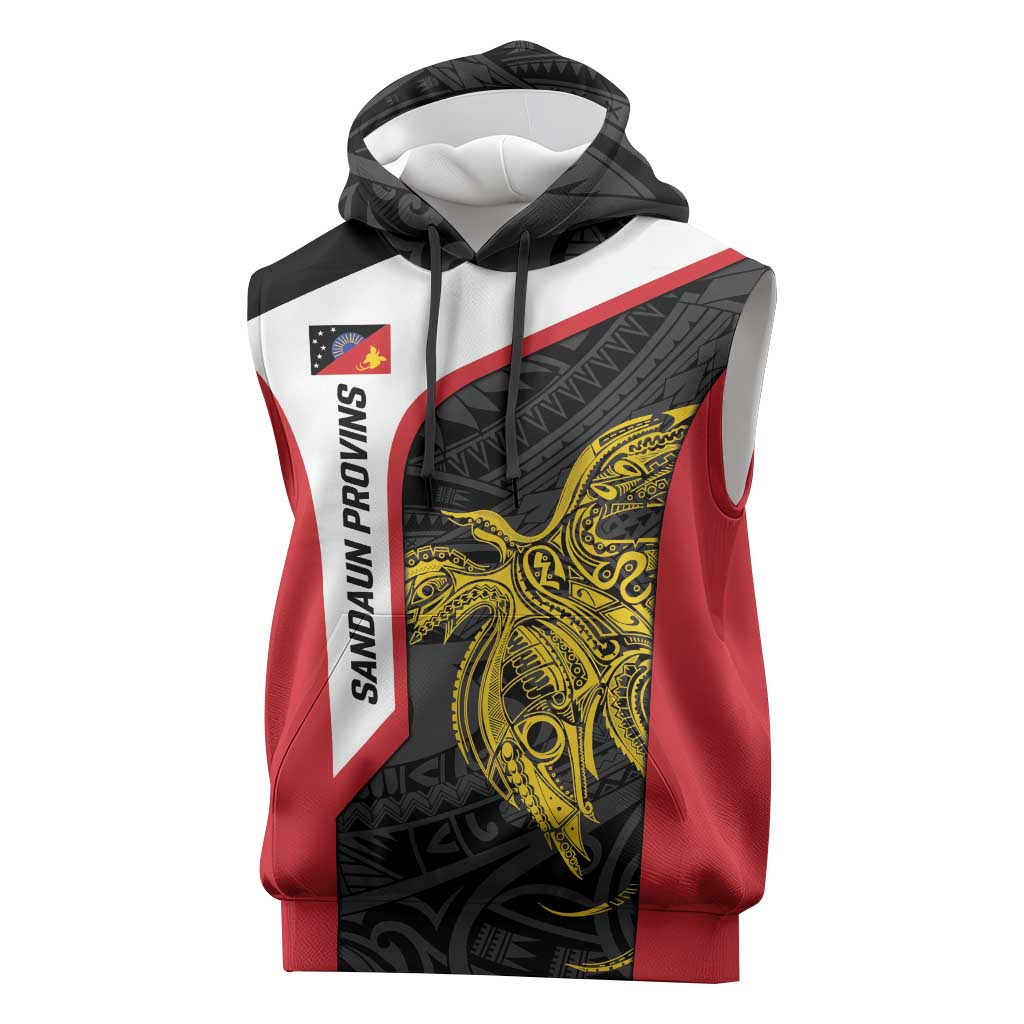 Personalised PNG Sandaun Province Sleeveless Hoodie Bird of Paradise Tattoo Flag Motif - Polynesian Pride