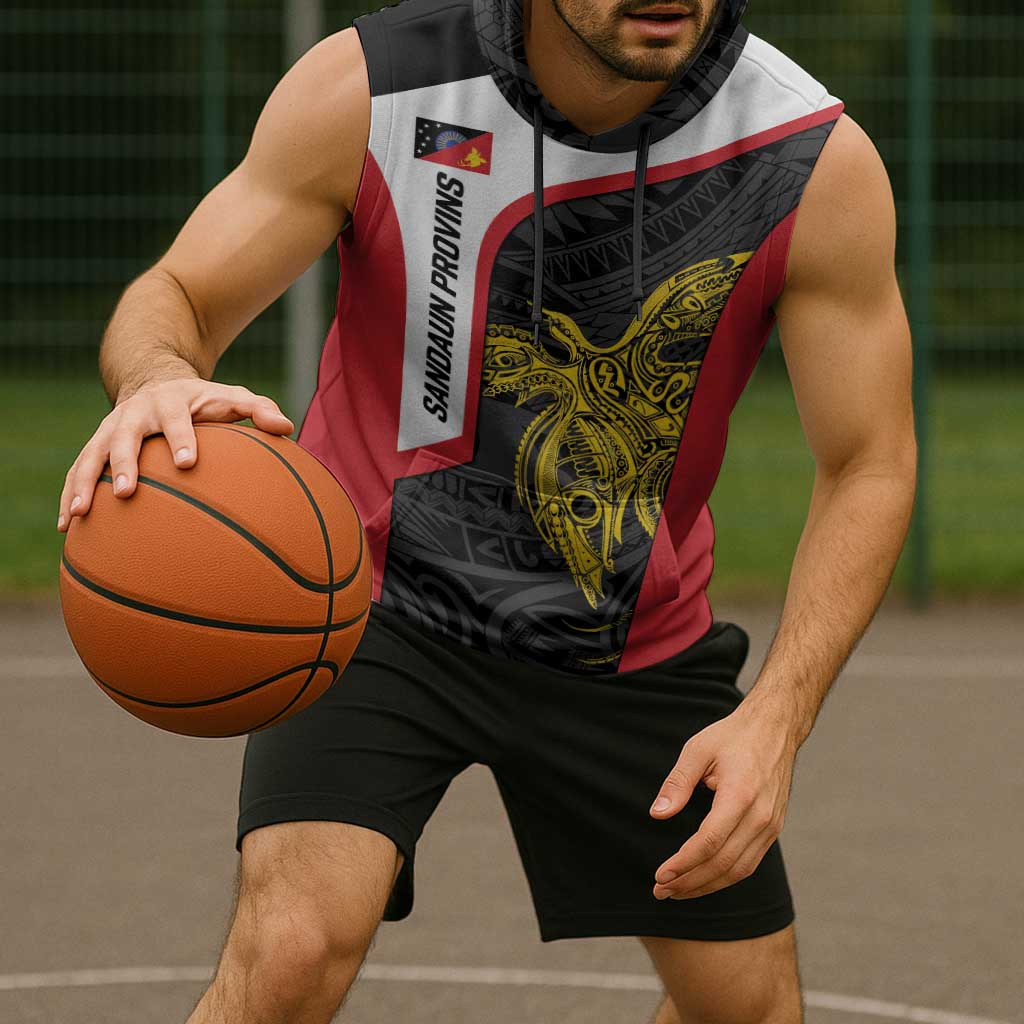 Personalised PNG Sandaun Province Sleeveless Hoodie Bird of Paradise Tattoo Flag Motif - Polynesian Pride