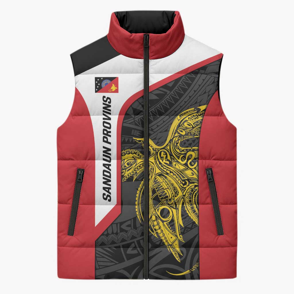 Personalised PNG Sandaun Province Sleeveless Puffer Jacket Bird of Paradise Tattoo Flag Motif - Polynesian Pride