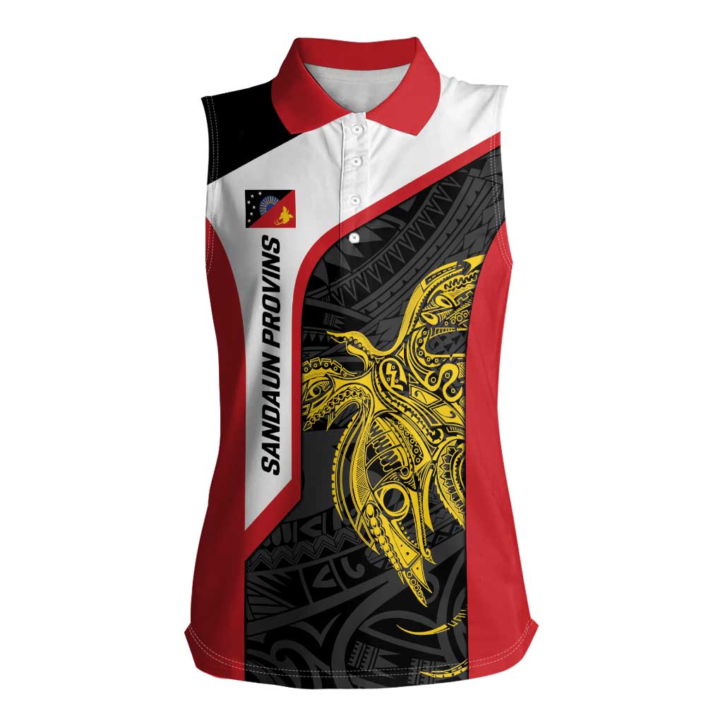 Personalised PNG Sandaun Province Women Sleeveless Polo Shirt Bird of Paradise Tattoo Flag Motif - Polynesian Pride