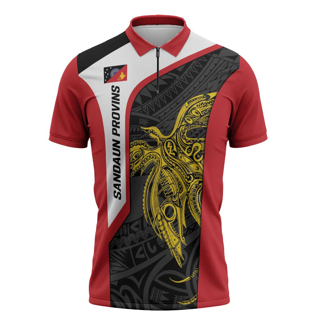 Personalised PNG Sandaun Province Zipper Polo Shirt Bird of Paradise Tattoo Flag Motif - Polynesian Pride