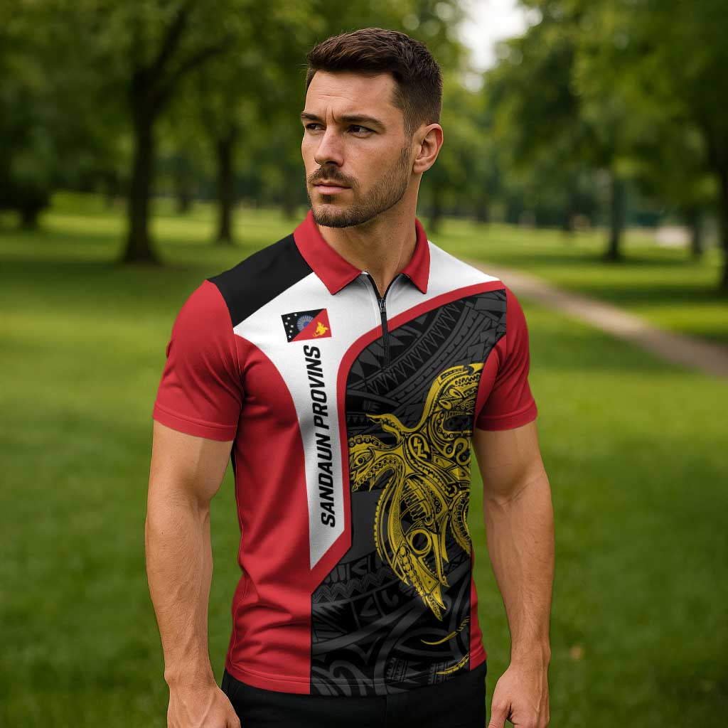 Personalised PNG Sandaun Province Zipper Polo Shirt Bird of Paradise Tattoo Flag Motif - Polynesian Pride