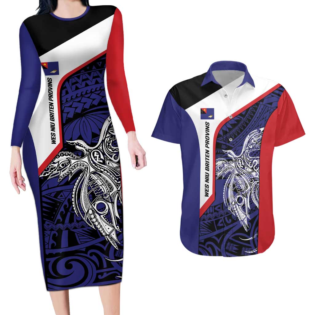 Personalised PNG West New Britain Province Couples Matching Long Sleeve Bodycon Dress and Hawaiian Shirt Bird of Paradise Tattoo Flag Motif - Polynesian Pride
