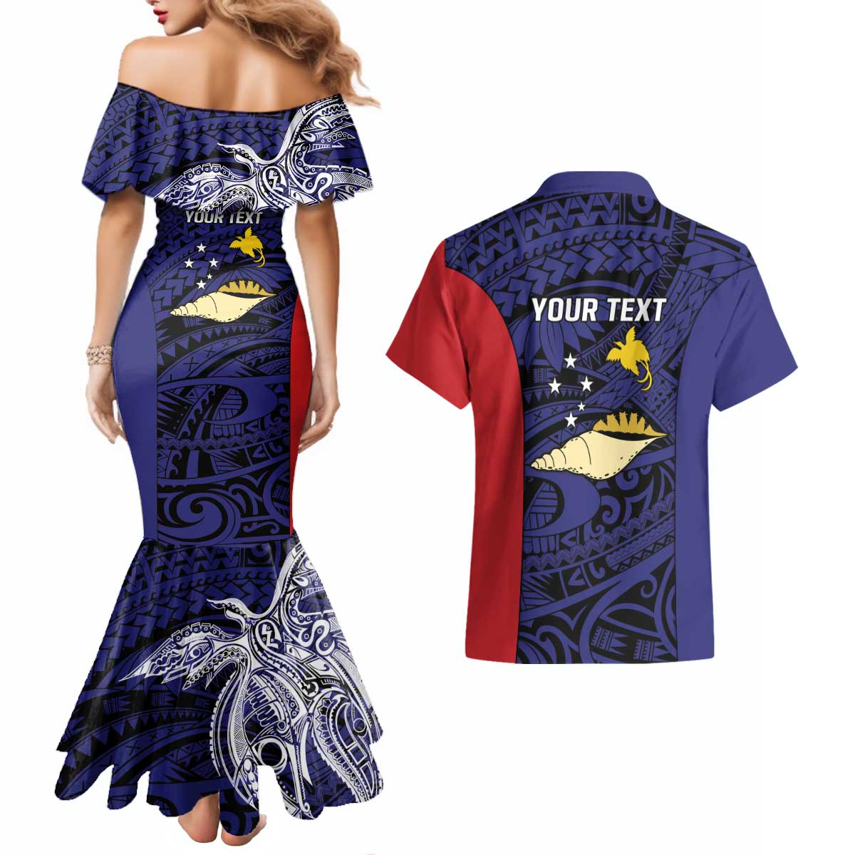 Personalised PNG West New Britain Province Couples Matching Mermaid Dress and Hawaiian Shirt Bird of Paradise Tattoo Flag Motif - Polynesian Pride