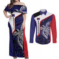 Personalised PNG West New Britain Province Couples Matching Off Shoulder Maxi Dress and Long Sleeve Button Shirt Bird of Paradise Tattoo Flag Motif - Polynesian Pride