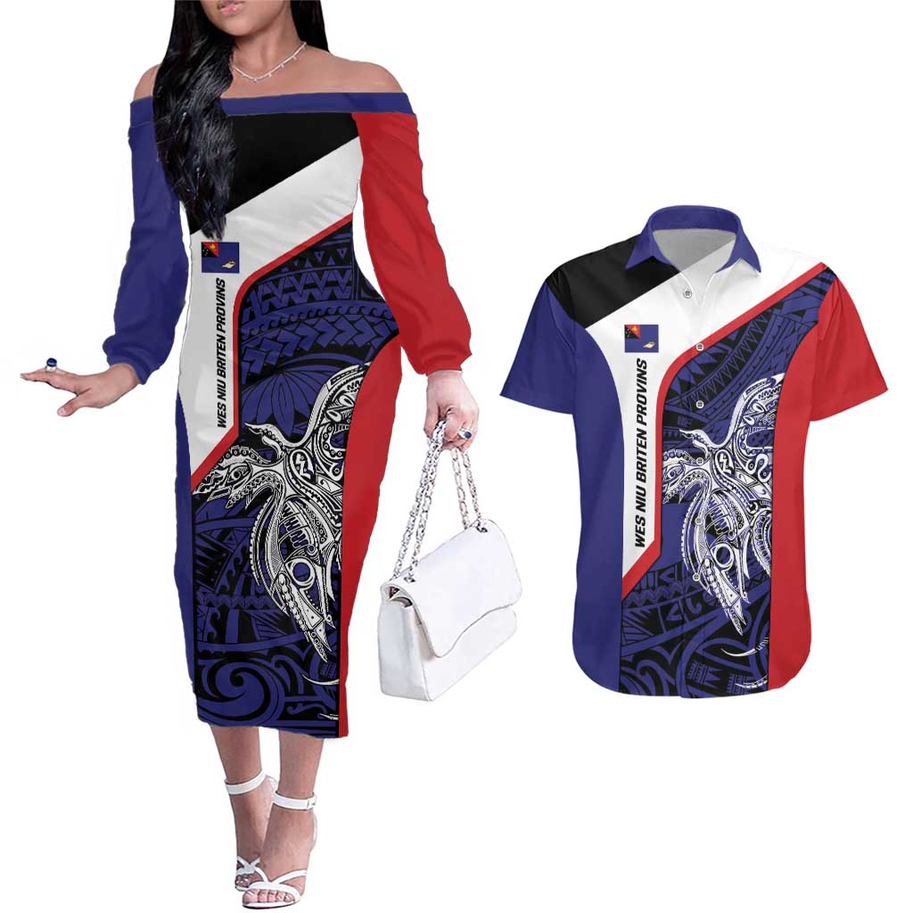 Personalised PNG West New Britain Province Couples Matching Off The Shoulder Long Sleeve Dress and Hawaiian Shirt Bird of Paradise Tattoo Flag Motif - Polynesian Pride