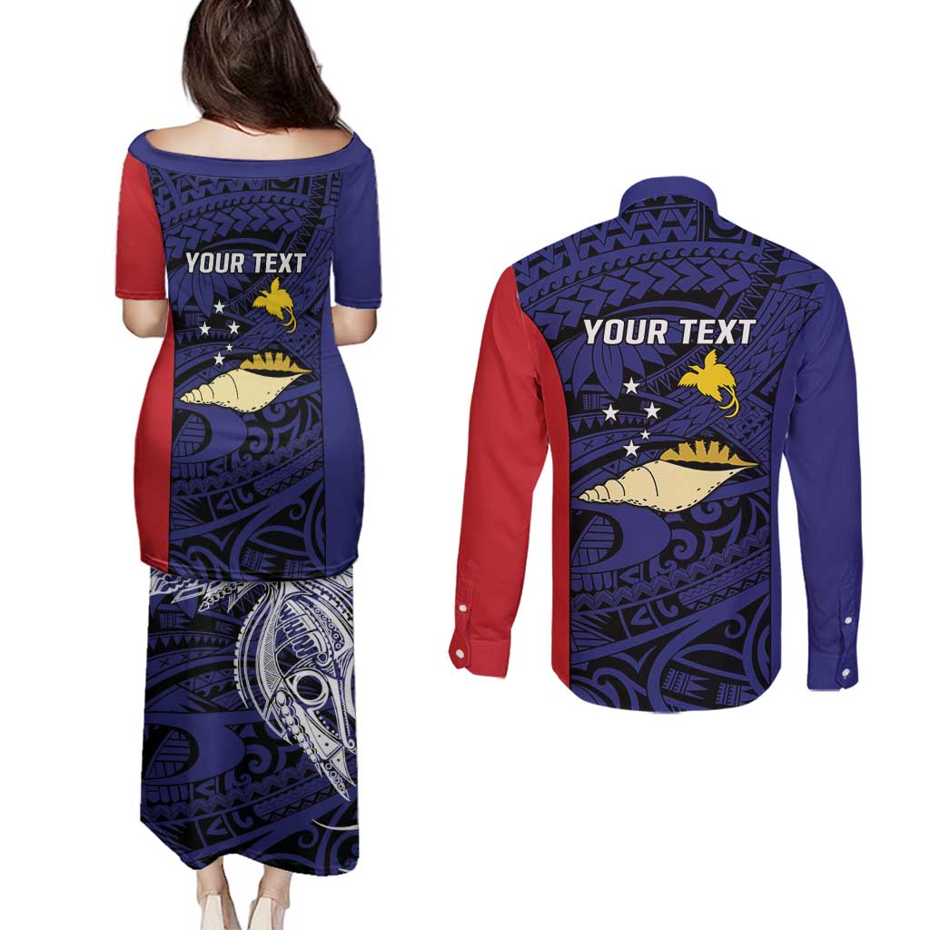 Personalised PNG West New Britain Province Couples Matching Puletasi and Long Sleeve Button Shirt Bird of Paradise Tattoo Flag Motif - Polynesian Pride
