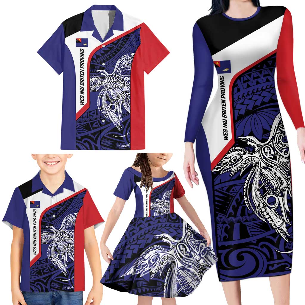 Personalised PNG West New Britain Province Family Matching Long Sleeve Bodycon Dress and Hawaiian Shirt Bird of Paradise Tattoo Flag Motif - Polynesian Pride