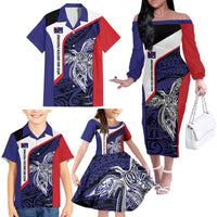 Personalised PNG West New Britain Province Family Matching Off The Shoulder Long Sleeve Dress and Hawaiian Shirt Bird of Paradise Tattoo Flag Motif - Polynesian Pride