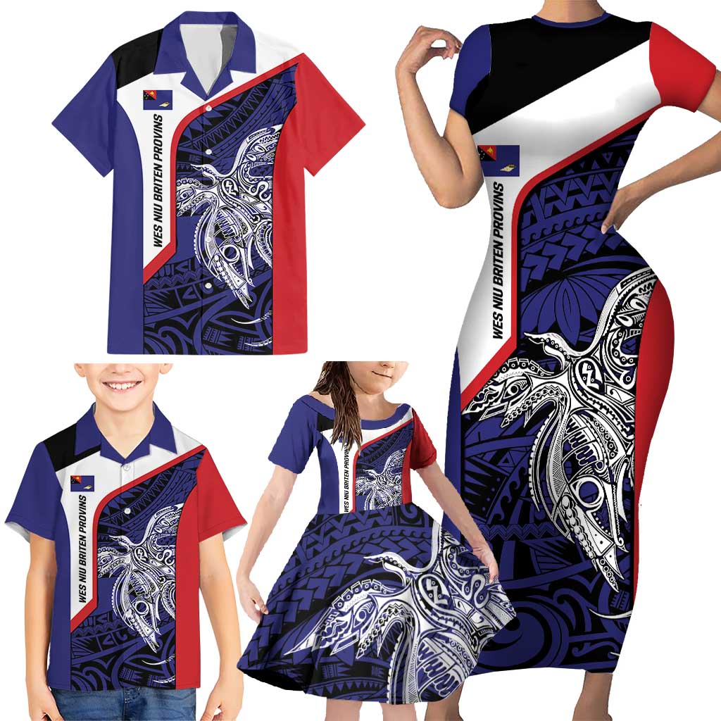 Personalised PNG West New Britain Province Family Matching Short Sleeve Bodycon Dress and Hawaiian Shirt Bird of Paradise Tattoo Flag Motif - Polynesian Pride