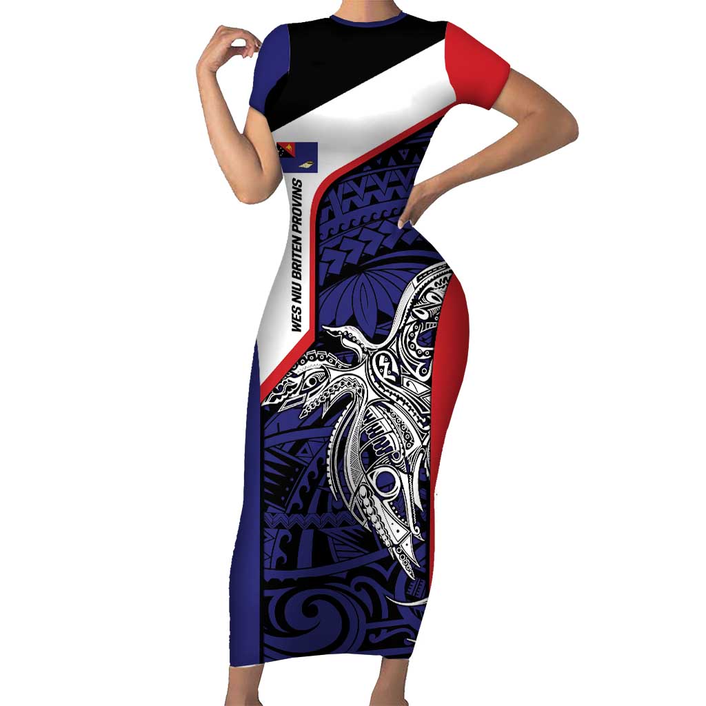 Personalised PNG West New Britain Province Short Sleeve Bodycon Dress Bird of Paradise Tattoo Flag Motif - Polynesian Pride