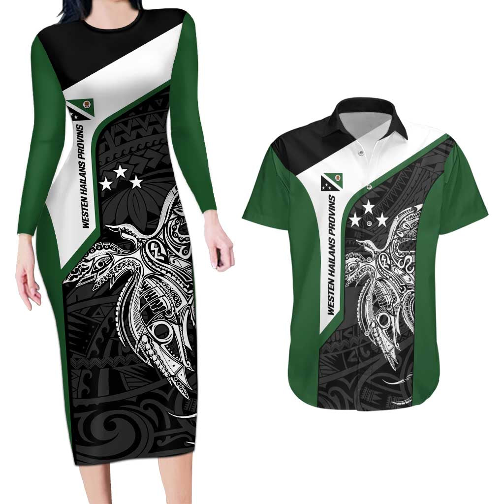 Personalised PNG Western Highlands Province Couples Matching Long Sleeve Bodycon Dress and Hawaiian Shirt Bird of Paradise Tattoo Flag Motif - Polynesian Pride