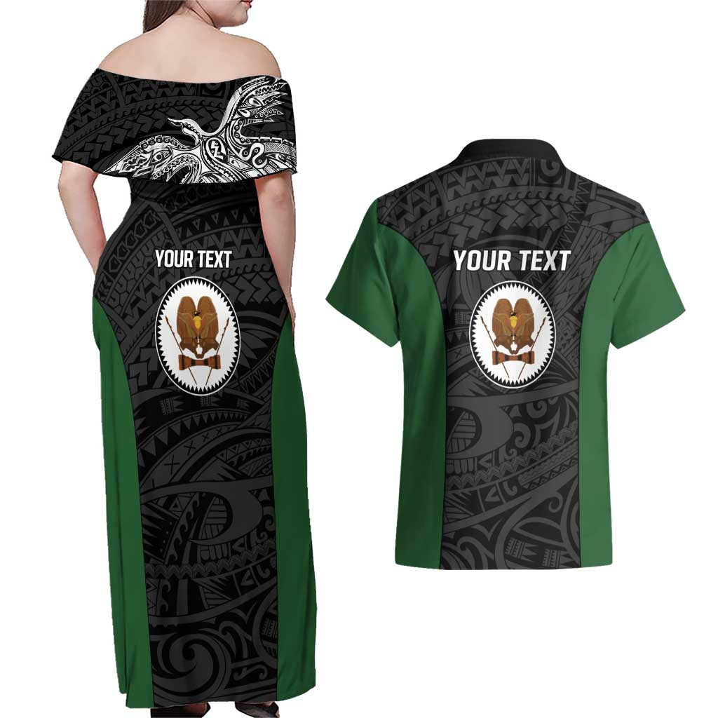 Personalised PNG Western Highlands Province Couples Matching Off Shoulder Maxi Dress and Hawaiian Shirt Bird of Paradise Tattoo Flag Motif - Polynesian Pride