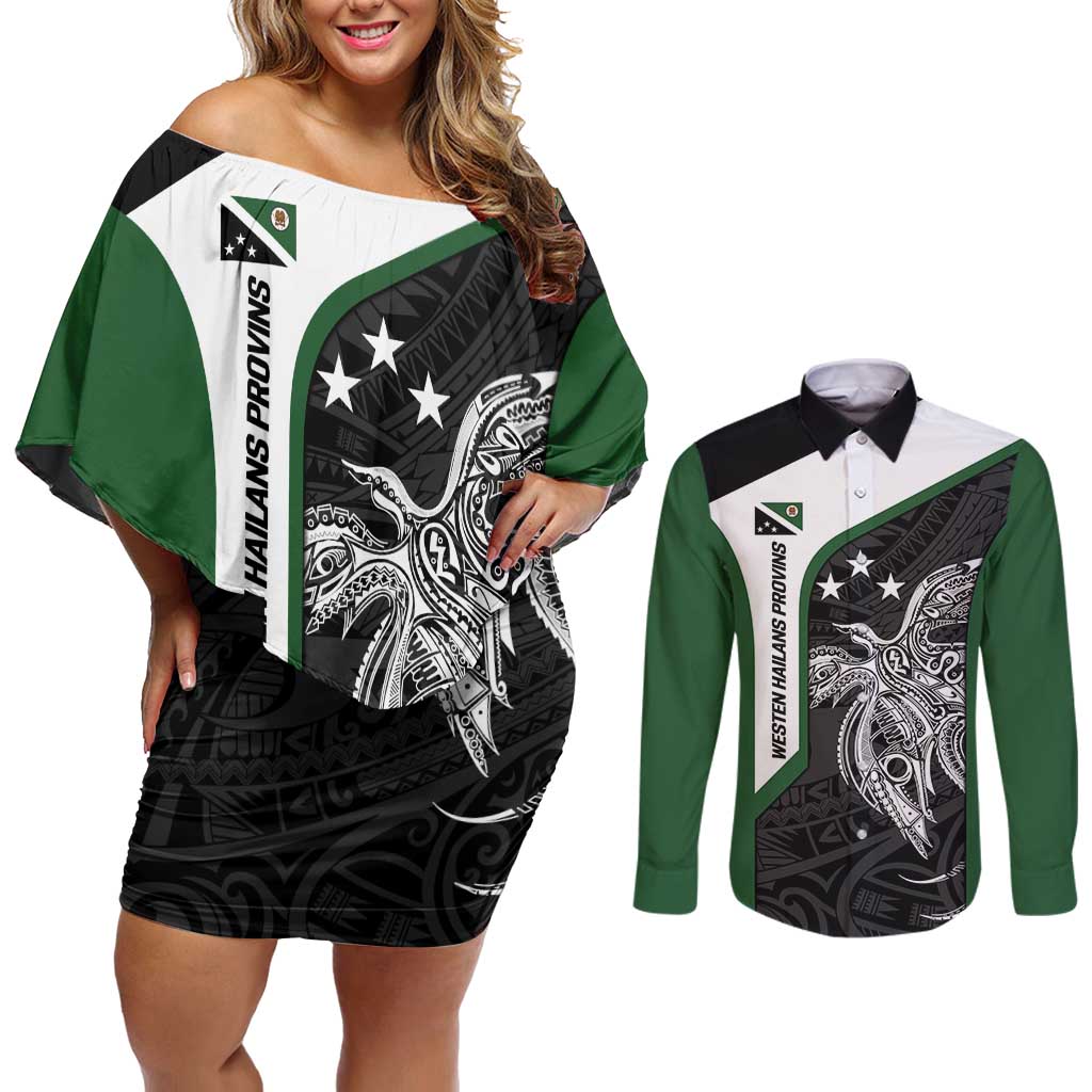 Personalised PNG Western Highlands Province Couples Matching Off Shoulder Short Dress and Long Sleeve Button Shirt Bird of Paradise Tattoo Flag Motif - Polynesian Pride