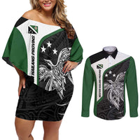Personalised PNG Western Highlands Province Couples Matching Off Shoulder Short Dress and Long Sleeve Button Shirt Bird of Paradise Tattoo Flag Motif - Polynesian Pride