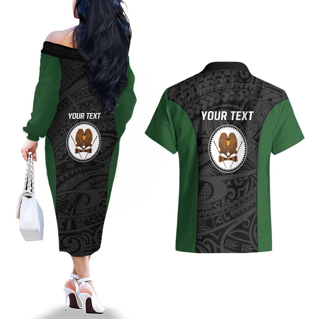 Personalised PNG Western Highlands Province Couples Matching Off The Shoulder Long Sleeve Dress and Hawaiian Shirt Bird of Paradise Tattoo Flag Motif - Polynesian Pride