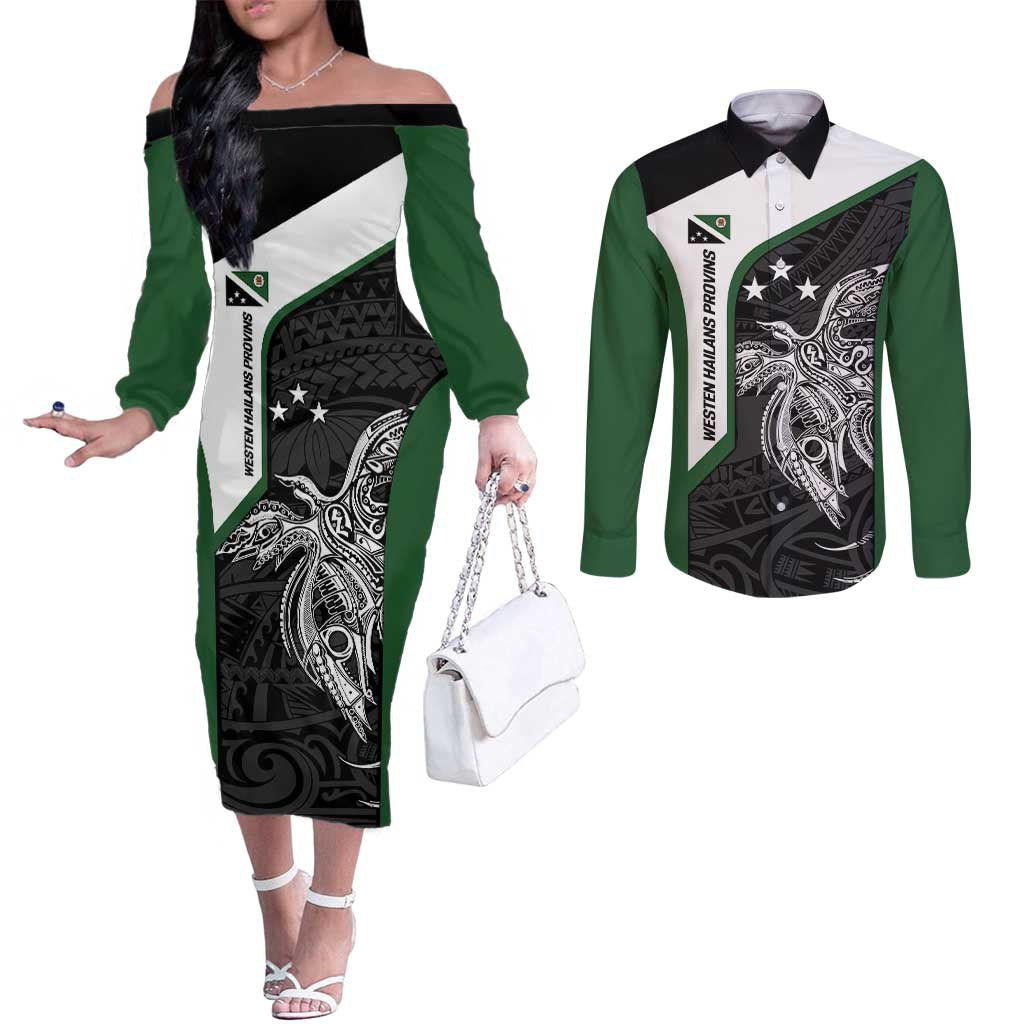 Personalised PNG Western Highlands Province Couples Matching Off The Shoulder Long Sleeve Dress and Long Sleeve Button Shirt Bird of Paradise Tattoo Flag Motif - Polynesian Pride