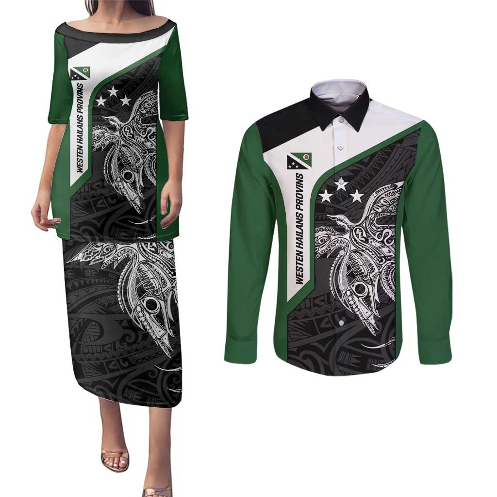 Personalised PNG Western Highlands Province Couples Matching Puletasi and Long Sleeve Button Shirt Bird of Paradise Tattoo Flag Motif - Polynesian Pride