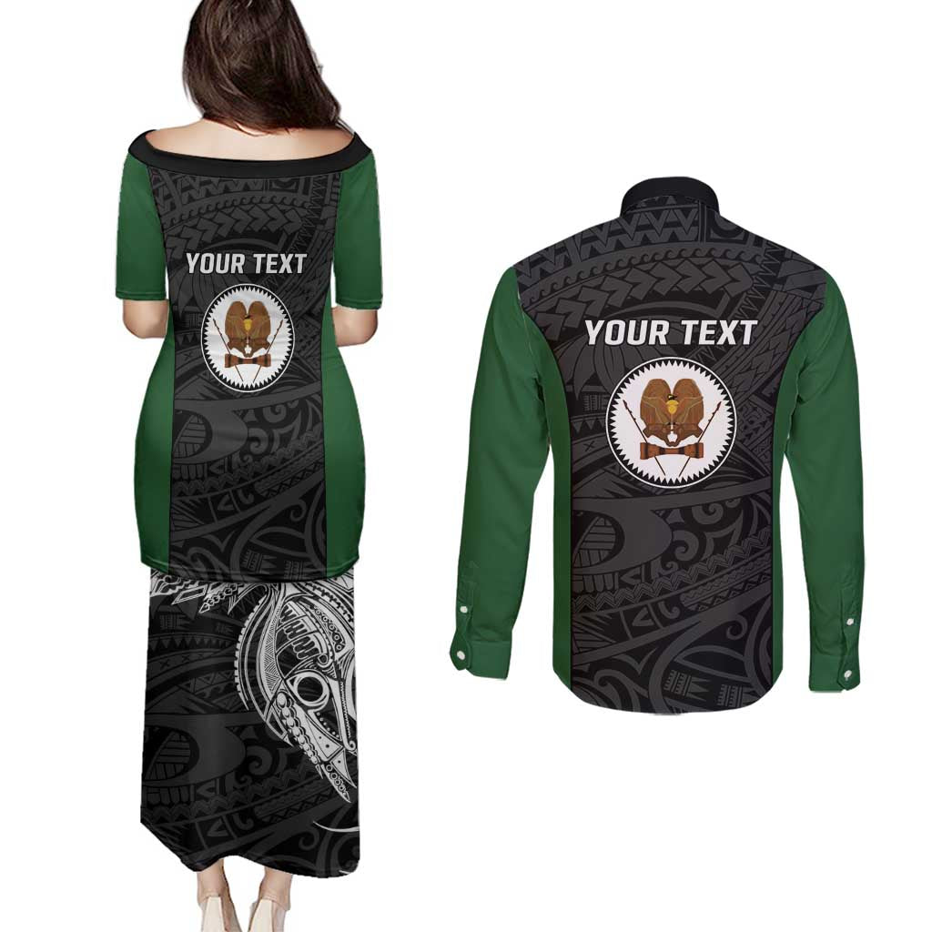 Personalised PNG Western Highlands Province Couples Matching Puletasi and Long Sleeve Button Shirt Bird of Paradise Tattoo Flag Motif - Polynesian Pride
