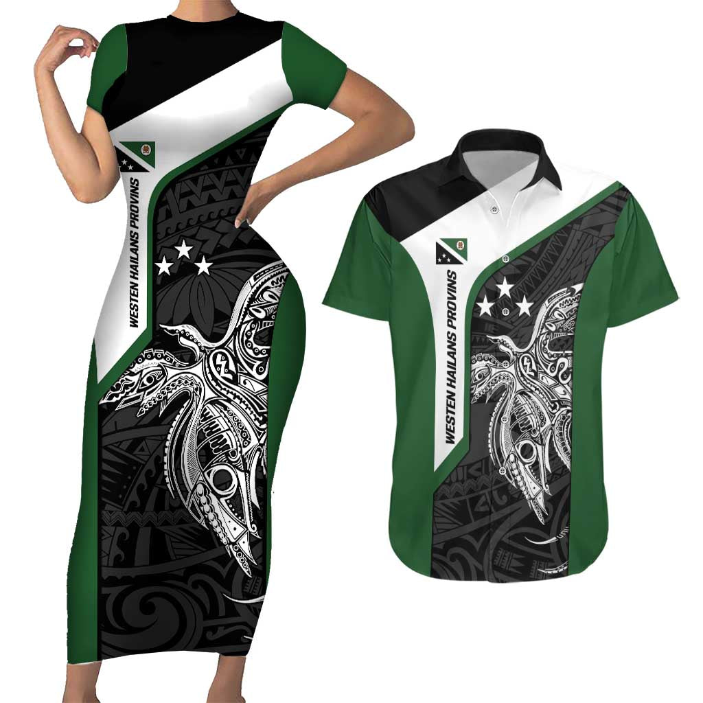 Personalised PNG Western Highlands Province Couples Matching Short Sleeve Bodycon Dress and Hawaiian Shirt Bird of Paradise Tattoo Flag Motif - Polynesian Pride