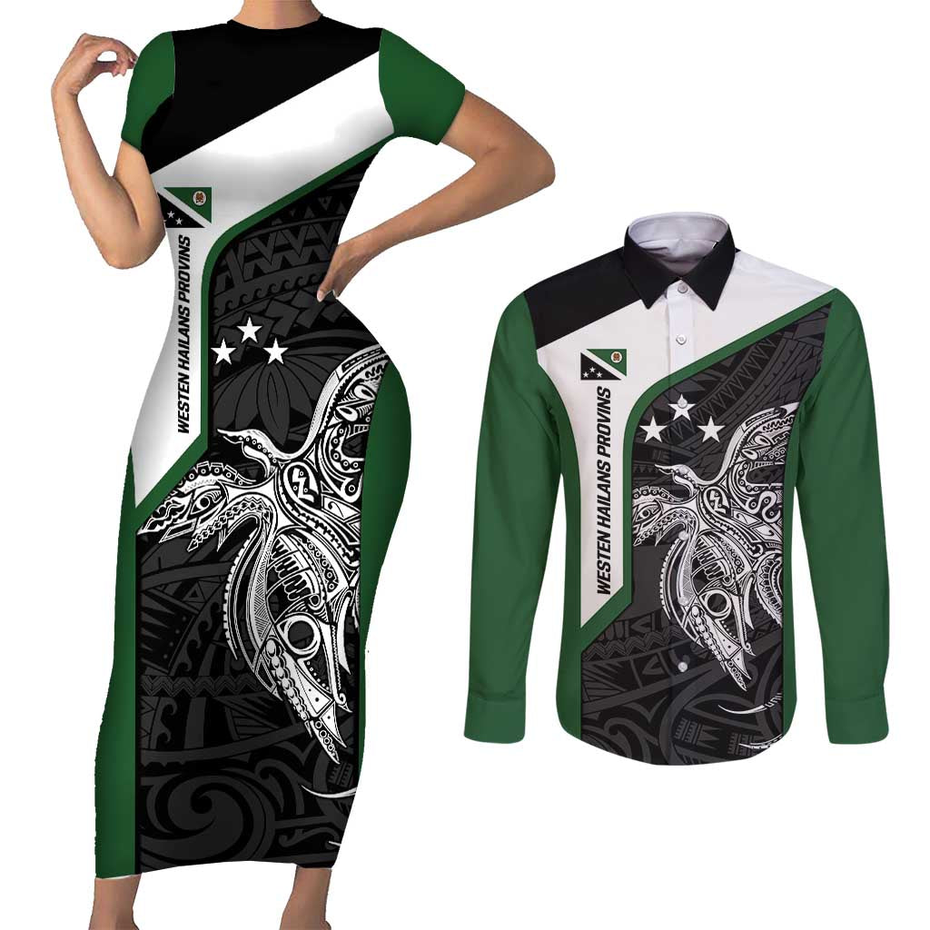 Personalised PNG Western Highlands Province Couples Matching Short Sleeve Bodycon Dress and Long Sleeve Button Shirt Bird of Paradise Tattoo Flag Motif - Polynesian Pride