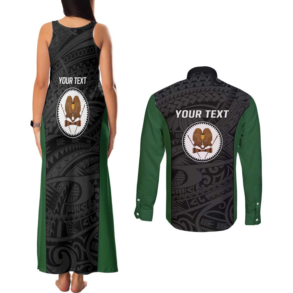 Personalised PNG Western Highlands Province Couples Matching Tank Maxi Dress and Long Sleeve Button Shirt Bird of Paradise Tattoo Flag Motif - Polynesian Pride