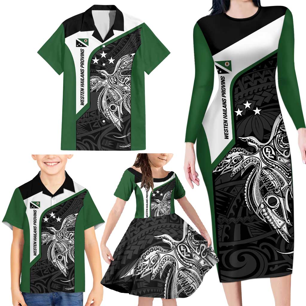 Personalised PNG Western Highlands Province Family Matching Long Sleeve Bodycon Dress and Hawaiian Shirt Bird of Paradise Tattoo Flag Motif - Polynesian Pride