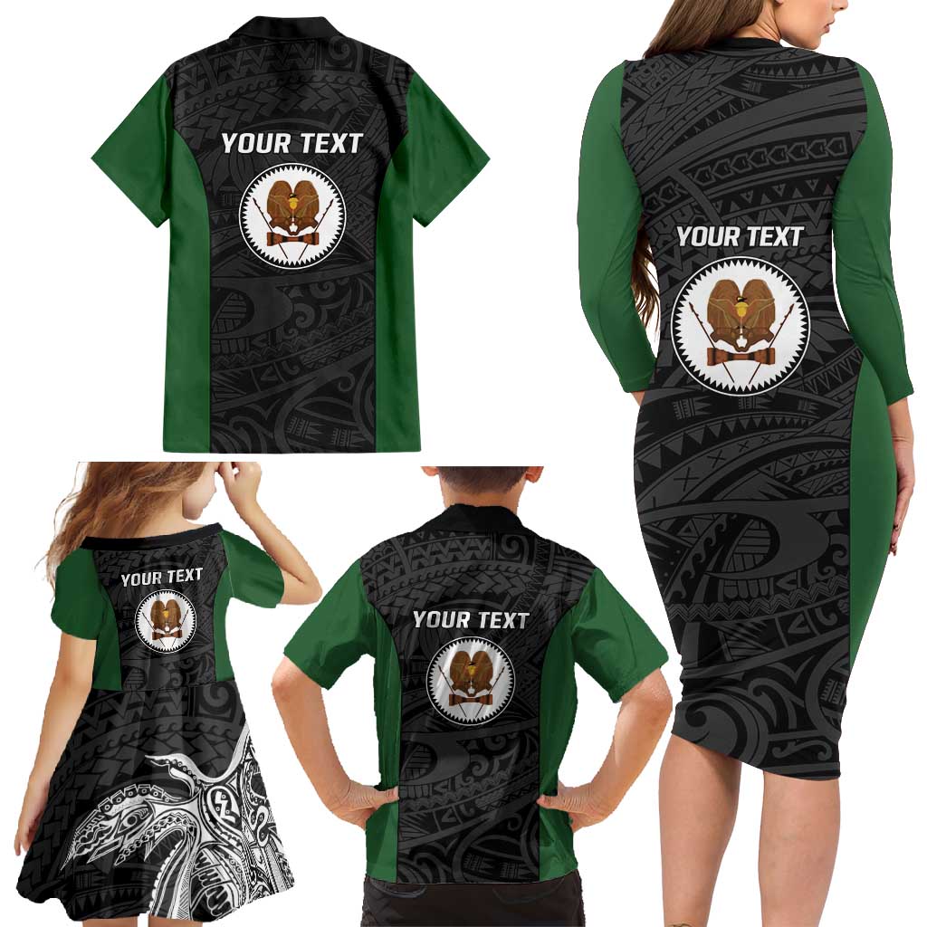 Personalised PNG Western Highlands Province Family Matching Long Sleeve Bodycon Dress and Hawaiian Shirt Bird of Paradise Tattoo Flag Motif - Polynesian Pride