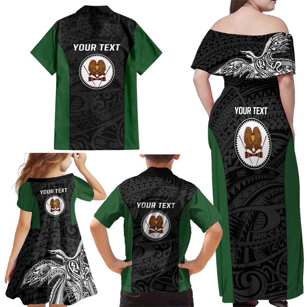 Personalised PNG Western Highlands Province Family Matching Off Shoulder Maxi Dress and Hawaiian Shirt Bird of Paradise Tattoo Flag Motif - Polynesian Pride