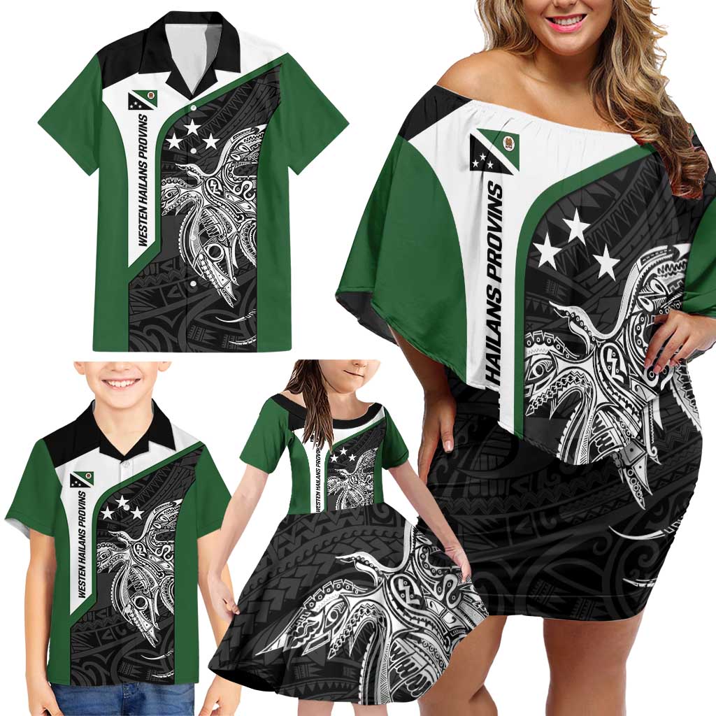 Personalised PNG Western Highlands Province Family Matching Off Shoulder Short Dress and Hawaiian Shirt Bird of Paradise Tattoo Flag Motif - Polynesian Pride