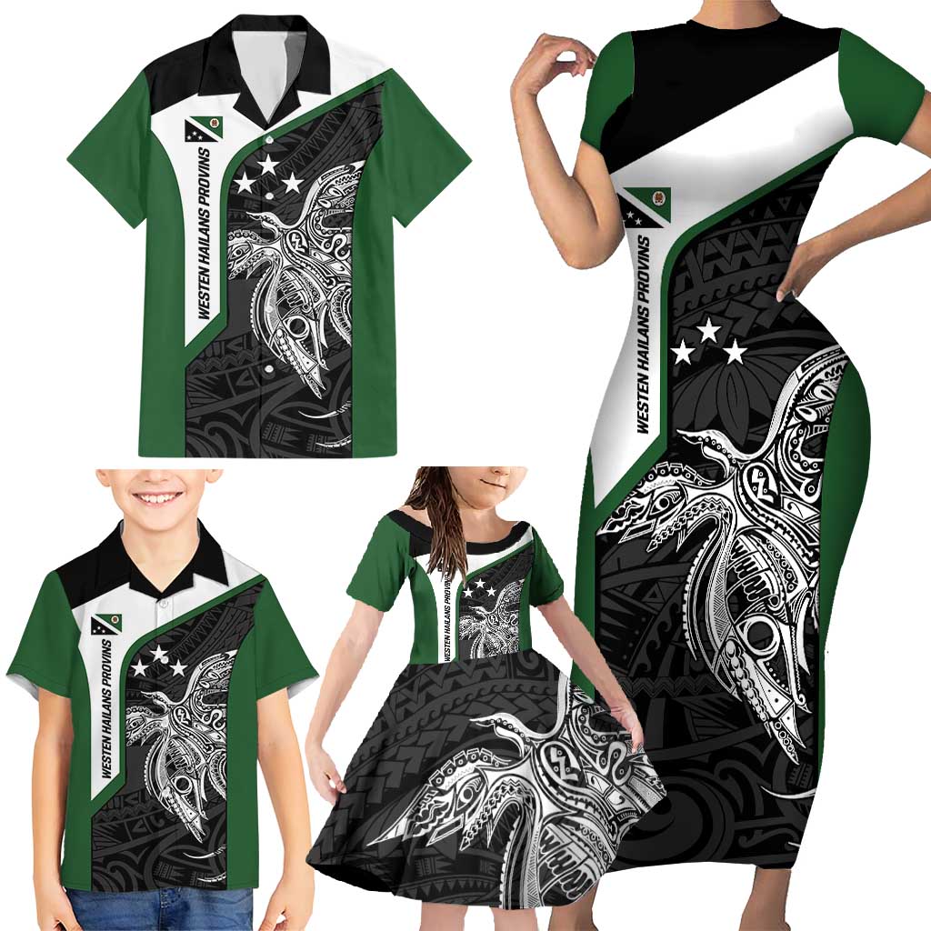 Personalised PNG Western Highlands Province Family Matching Short Sleeve Bodycon Dress and Hawaiian Shirt Bird of Paradise Tattoo Flag Motif - Polynesian Pride