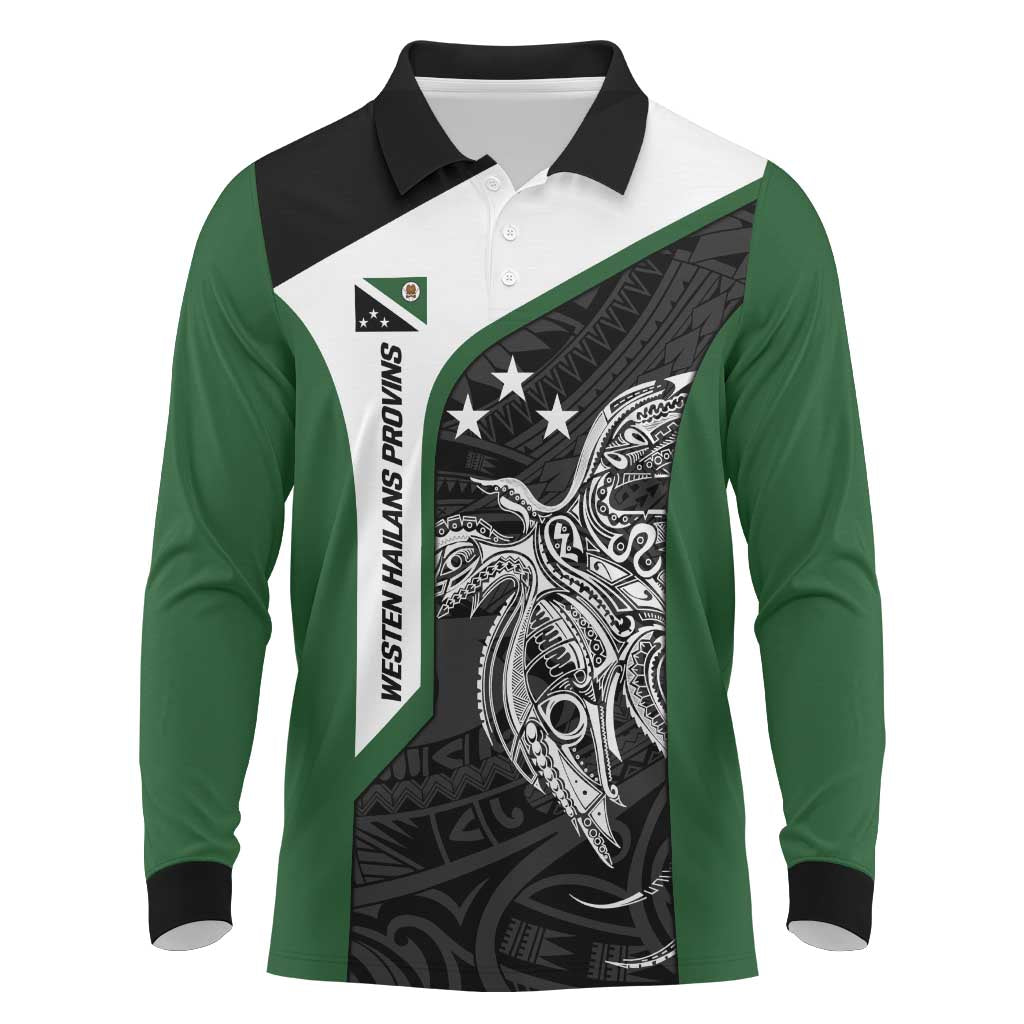 Personalised PNG Western Highlands Province Long Sleeve Polo Shirt Bird of Paradise Tattoo Flag Motif - Polynesian Pride