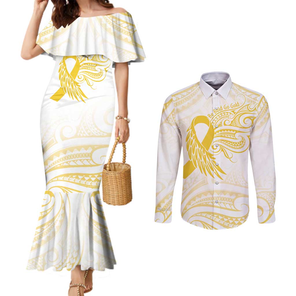Be Bold Go Gold Polyneisan Ribbon Childhood Personalised Couples Matching Mermaid Dress and Long Sleeve Button Shirt LT9 Gold - Polynesian Pride
