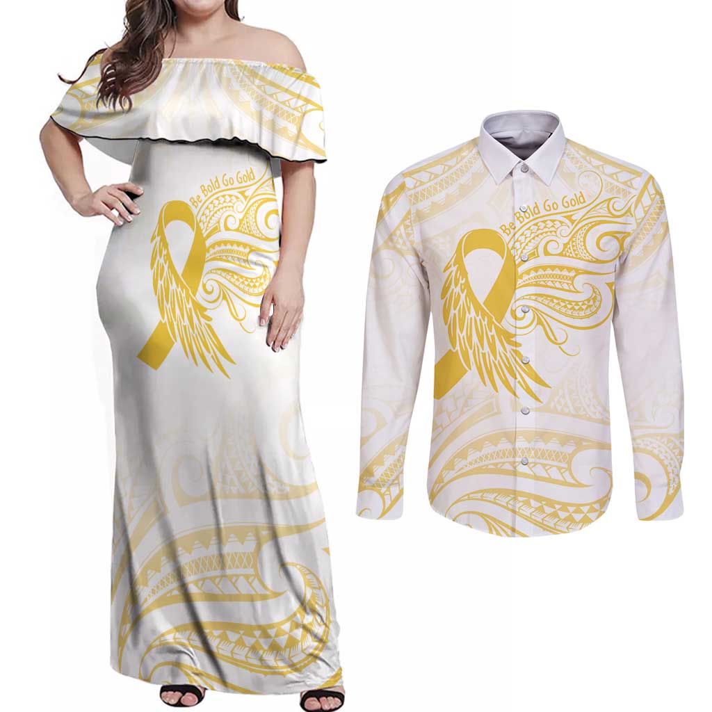 Be Bold Go Gold Polyneisan Ribbon Childhood Personalised Couples Matching Off Shoulder Maxi Dress and Long Sleeve Button Shirt LT9 Gold - Polynesian Pride