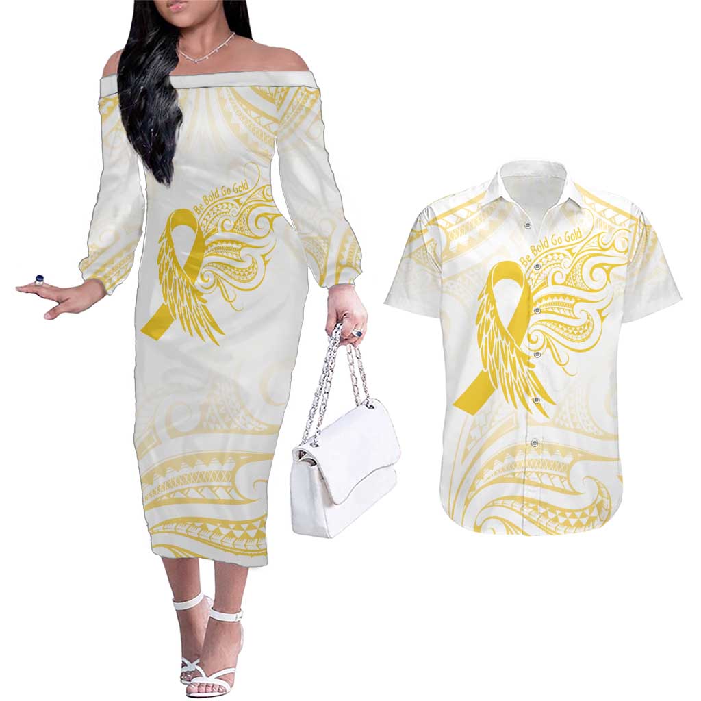 Be Bold Go Gold Polyneisan Ribbon Childhood Personalised Couples Matching Off The Shoulder Long Sleeve Dress and Hawaiian Shirt