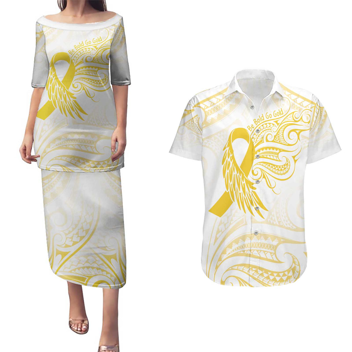 Be Bold Go Gold Polyneisan Ribbon Childhood Personalised Couples Matching Puletasi and Hawaiian Shirt LT9 Gold - Polynesian Pride