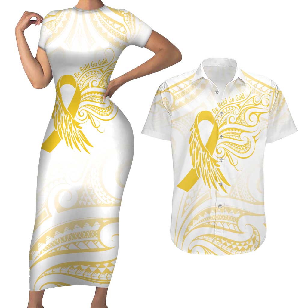 Be Bold Go Gold Polyneisan Ribbon Childhood Personalised Couples Matching Short Sleeve Bodycon Dress and Hawaiian Shirt