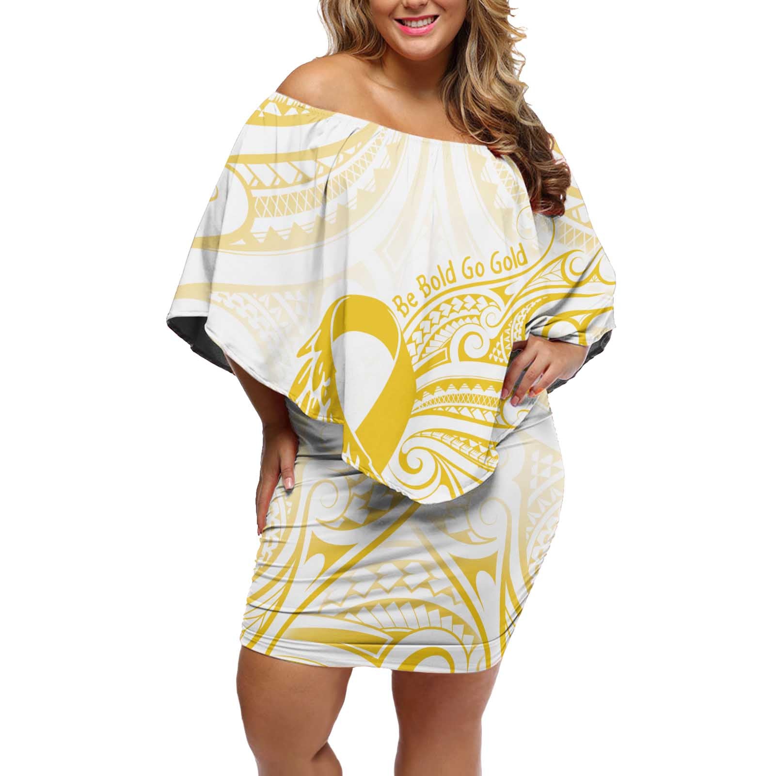 Be Bold Go Gold Polyneisan Ribbon Childhood Personalised Off Shoulder Short Dress