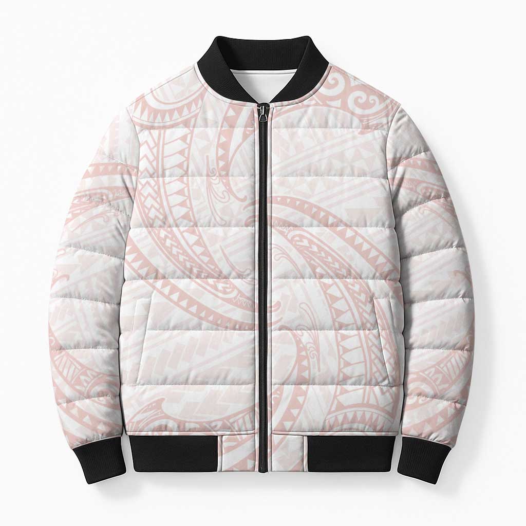White Sunday Lotu Tamaiti Bomber Puffer Jacket Polynesian Wave Pastel Blush - Polynesian Pride
