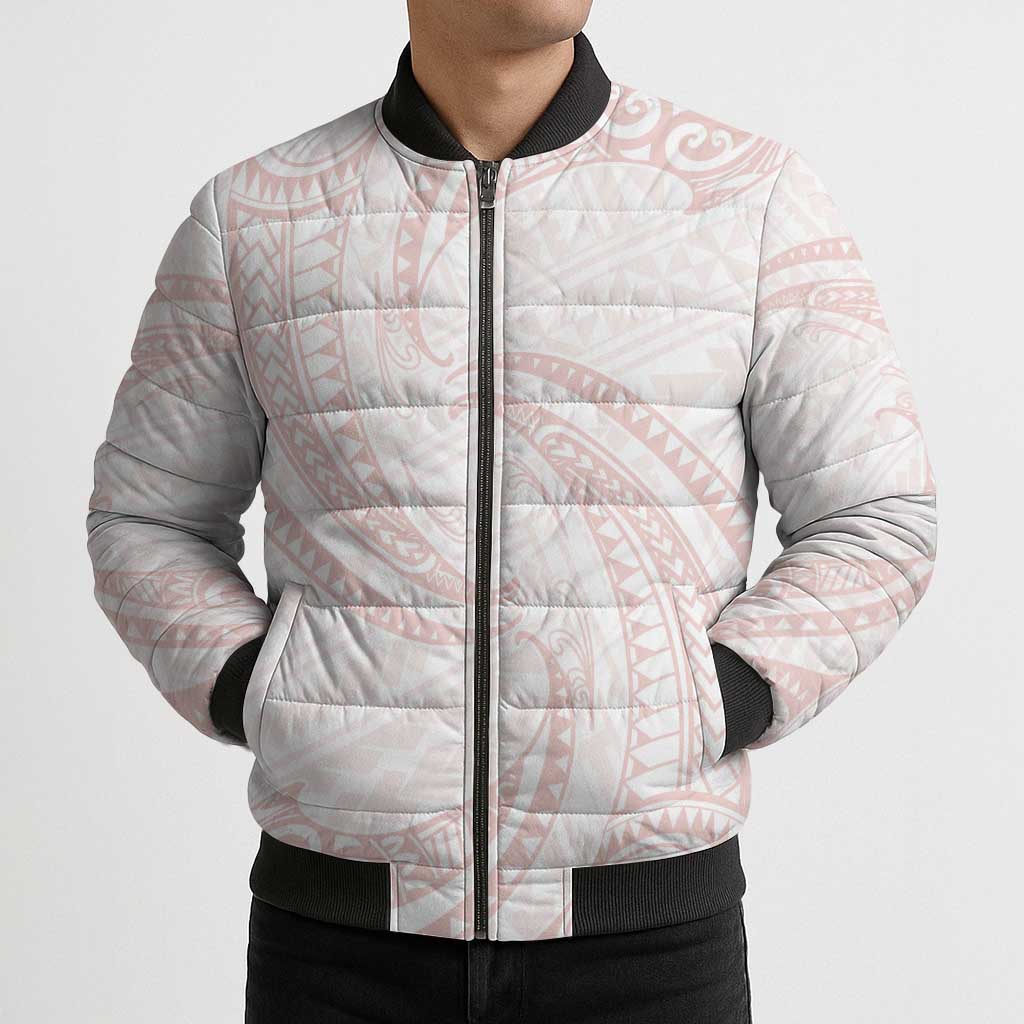 White Sunday Lotu Tamaiti Bomber Puffer Jacket Polynesian Wave Pastel Blush - Polynesian Pride