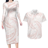 White Sunday Lotu Tamaiti Couples Matching Long Sleeve Bodycon Dress and Hawaiian Shirt Polynesian Wave Pastel Blush - Polynesian Pride