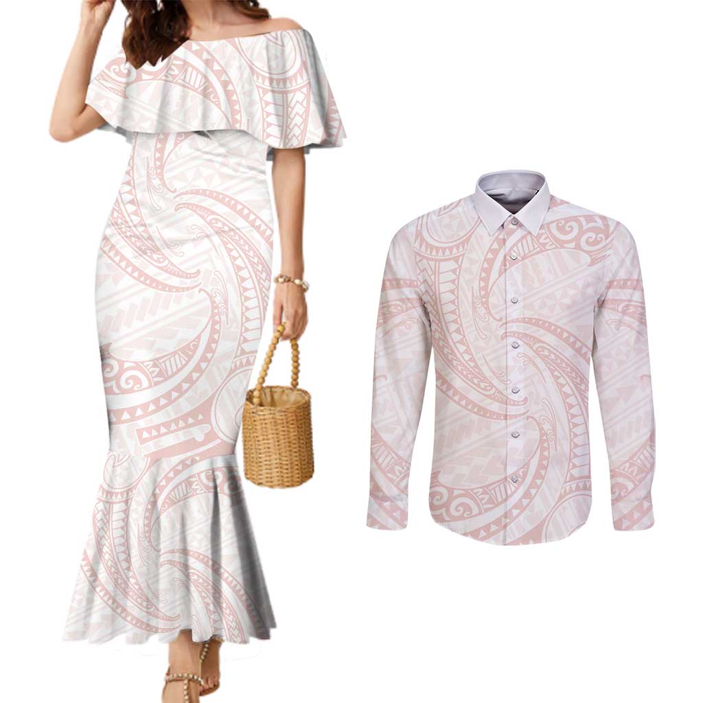 White Sunday Lotu Tamaiti Couples Matching Mermaid Dress and Long Sleeve Button Shirt Polynesian Wave Pastel Blush - Polynesian Pride