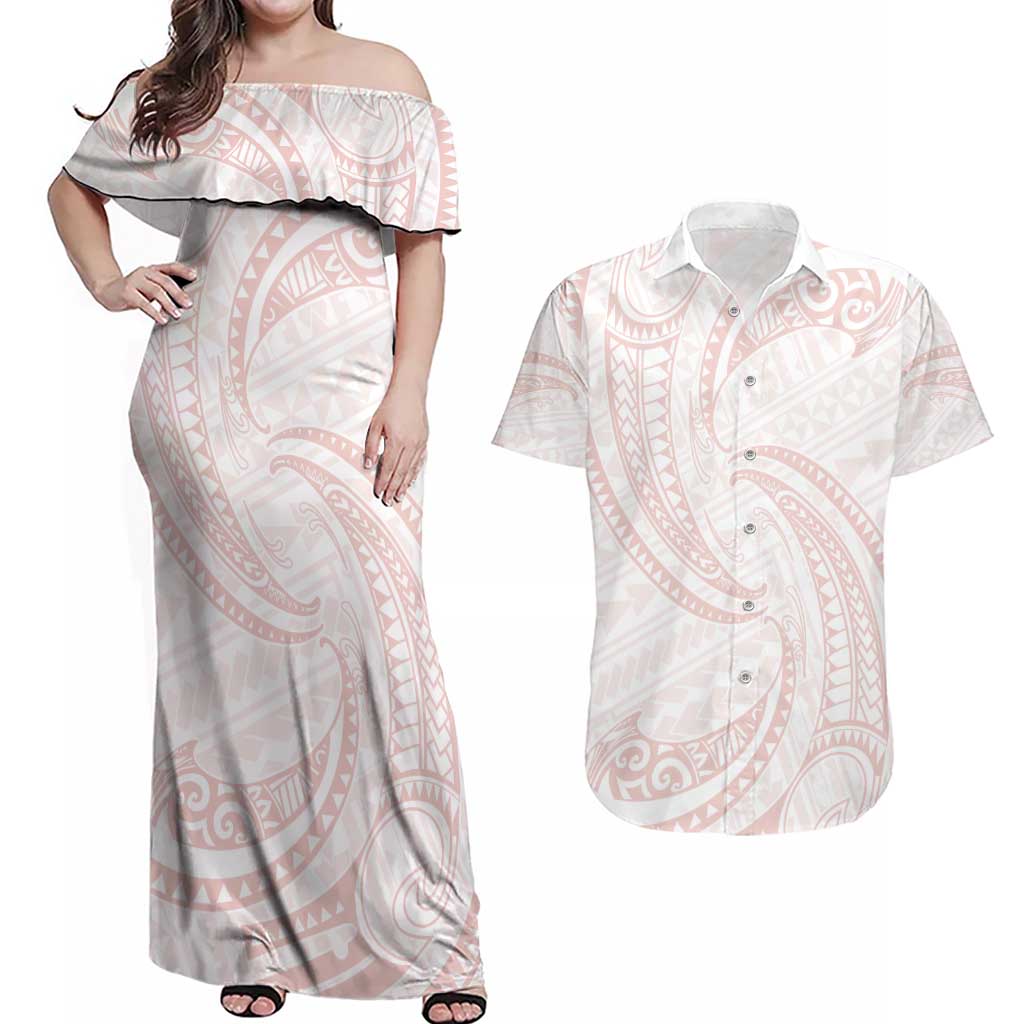 White Sunday Lotu Tamaiti Couples Matching Off Shoulder Maxi Dress and Hawaiian Shirt Polynesian Wave Pastel Blush - Polynesian Pride