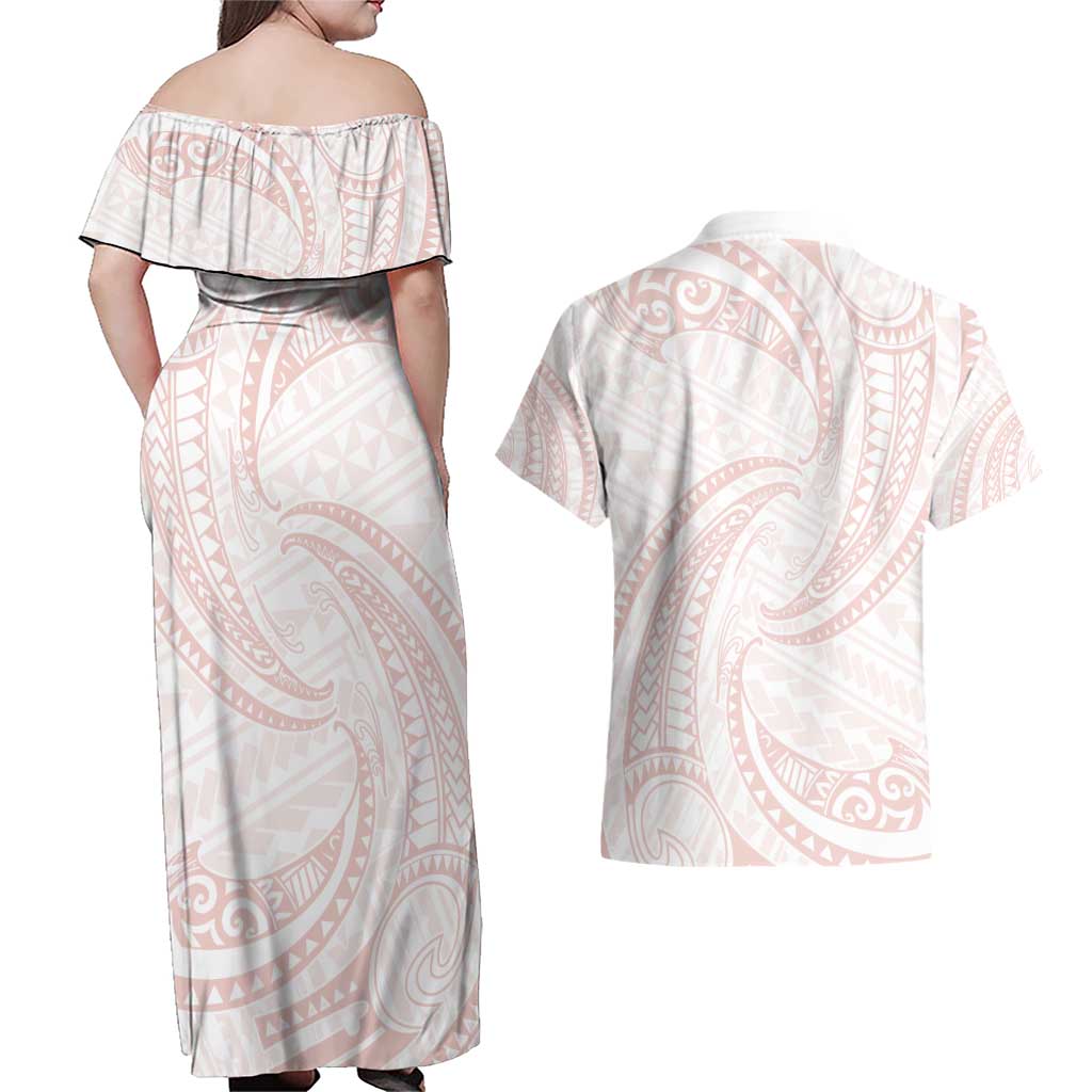 White Sunday Lotu Tamaiti Couples Matching Off Shoulder Maxi Dress and Hawaiian Shirt Polynesian Wave Pastel Blush - Polynesian Pride