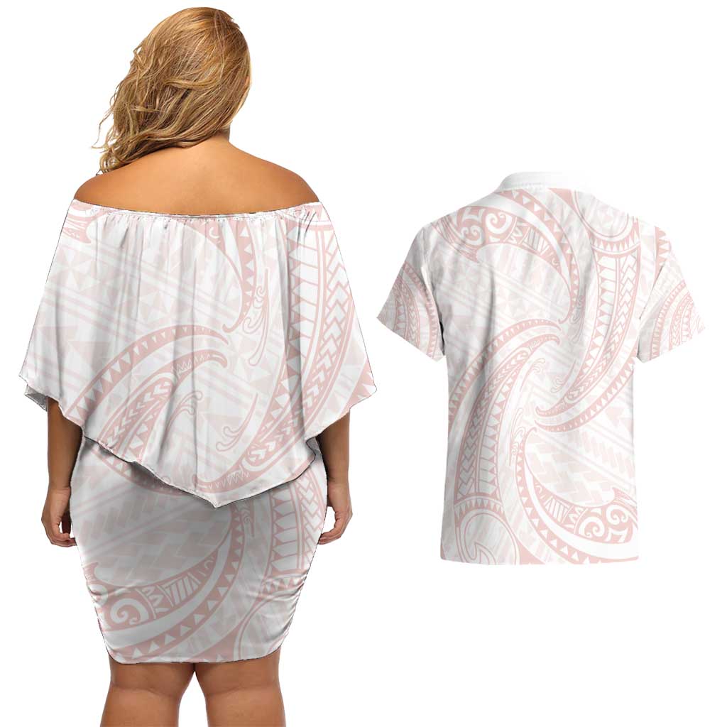 White Sunday Lotu Tamaiti Couples Matching Off Shoulder Short Dress and Hawaiian Shirt Polynesian Wave Pastel Blush - Polynesian Pride