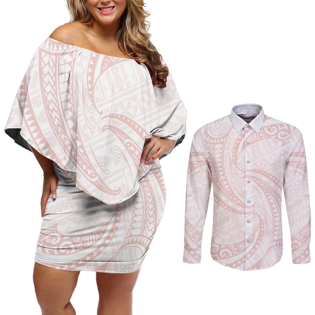 White Sunday Lotu Tamaiti Couples Matching Off Shoulder Short Dress and Long Sleeve Button Shirt Polynesian Wave Pastel Blush - Polynesian Pride